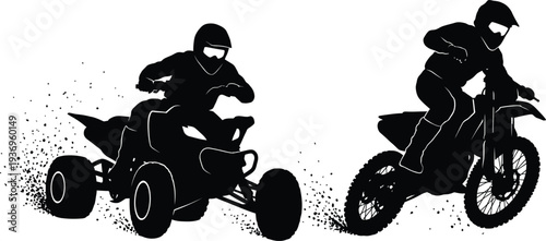 Quad Bike Dirt Bike Racing Together Silhouette Vector Set Extreme Sport Off Road Adventure Motocross ATV Black Figures Isolated