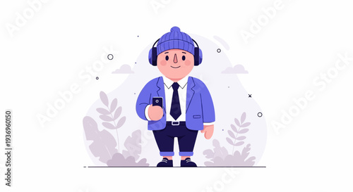 Cartoon character in a beanie and headphones holding a phone, standing in a minimalist landscape
