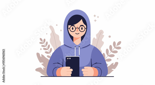 Young person in a purple hoodie with glasses, holding a smartphone and surrounded by leaves