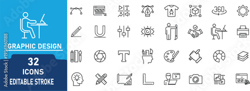 Graphic Design Line Icons set. Contain to related icons  Collection, Web, Print , Design Tools,and more. Editable Stroke Vector