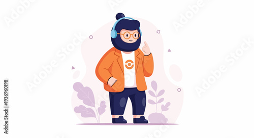 A cartoon character with a beard, glasses, and headphones, wearing an orange jacket and a white shirt