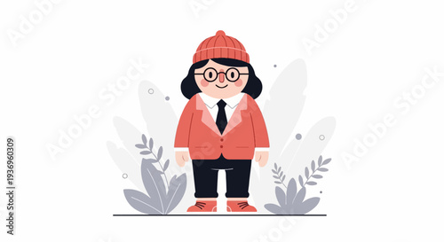 Animated person wearing a red beanie, glasses, coral jacket, tie, and black pants