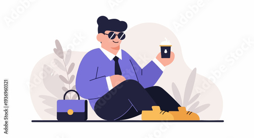 A stylish man in sunglasses and a suit relaxes with a coffee cup