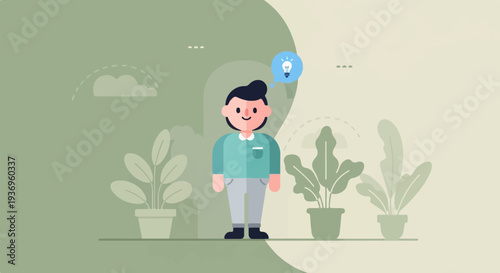 A cheerful cartoon person stands amidst potted plants, a lightbulb idea icon floating above
