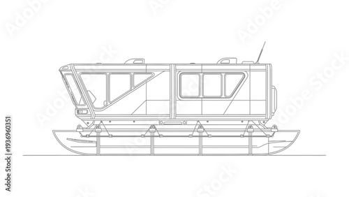 Antarctic Mobile Research Station: A minimalist line drawing of an Antarctic mobile research station, designed to withstand extreme cold and facilitate polar research.