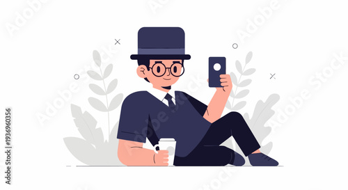 A man in a hat and glasses holds a phone and a coffee cup