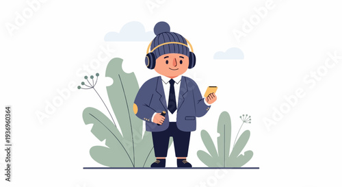 A person in a suit and winter hat listens to music on headphones and holds a phone