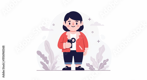 A stylized illustration of a person holding a camera, with abstract shapes and plants