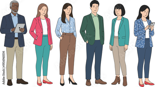 Flat line art character set featuring diverse business colleagues standing together representing teamwork equality and global corporate culture.