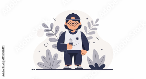 Cheerful character in a cap holding a potted plant, surrounded by stylized foliage