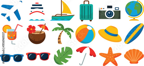 Travel tourism sticker collection with summer vacation icons journey tour elements luggage airplane camera and destination cartoon vector illustration set