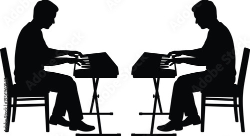 Man Playing Electronic Keyboard Sitting Chair Silhouette Vector Musician Piano Player Black Figure Isolated 