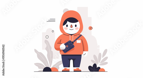 A minimalist character with a hooded jacket and satchel, standing amidst abstract foliage and shapes