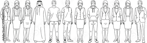 Flat line art character set featuring diverse men and women in various cultural and professional attire for business concepts.