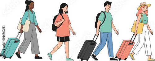 Flat line art character set featuring diverse men and women pulling luggage bags and carrying backpacks on white background.