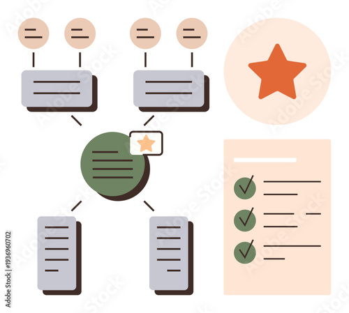 Project planning, teamwork, organization, performance evaluation, task prioritization, goal achievement. Flowchart with nodes, checklists and focal points. Project planning and teamwork concept