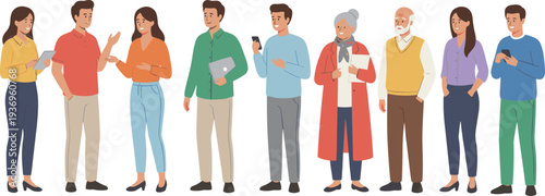 Flat vector illustration set of nine diverse characters including professionals with laptops and an elderly couple standing together