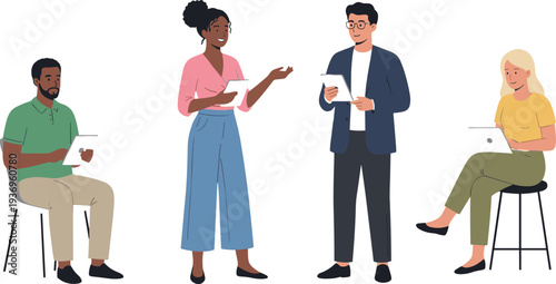 Flat vector illustration set of people working on laptops featuring characters sitting on beanbags sofas floor mats and office chairs