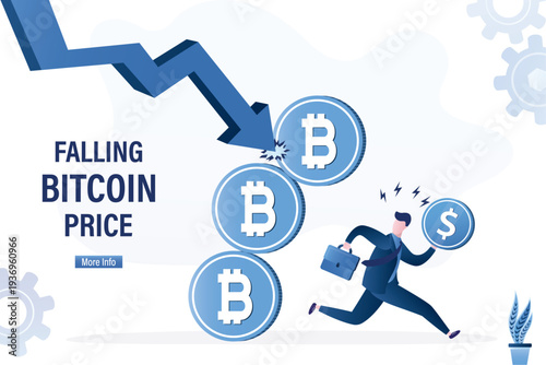 Falling cryptocurrencies destroys tower bitcoins, unhappy businessman investor runs away from risk of bankruptcy and losses. Volatility and collapse on crypto market