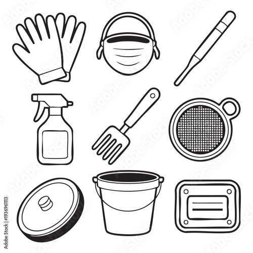 Set of cleaning and safety in black and white line gloves mask spray bottle