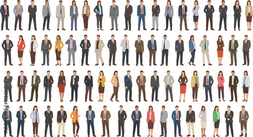 Inclusive business professional character set and modern winter street style fashion collection featuring diverse men and women in suits and seasonal outerwear