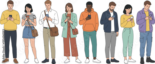Minimal hand-drawn vector illustration set of diverse people standing and using smartphones in clean outline style with consistent stroke width