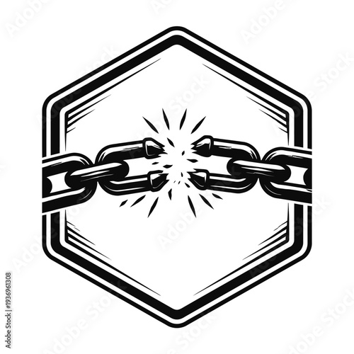 Powerful emblem featuring a heavy black chain violently breaking apart with explosive force and dynamic impact within a stark hexagonal frame, symbolizing ultimate freedom, liberation, and triumph ove