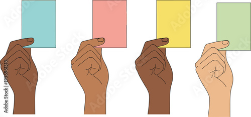 Minimal vector illustration set showing diverse hands holding blank colorful cards with clean black line art and smooth outlines.