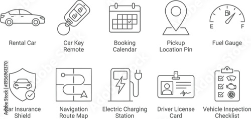 Set of car rental and automotive service icons in thin line style on white background