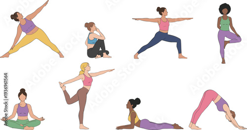 Modern character set featuring active women in colorful sportswear practicing yoga poses and stretching exercises isolated on white.
