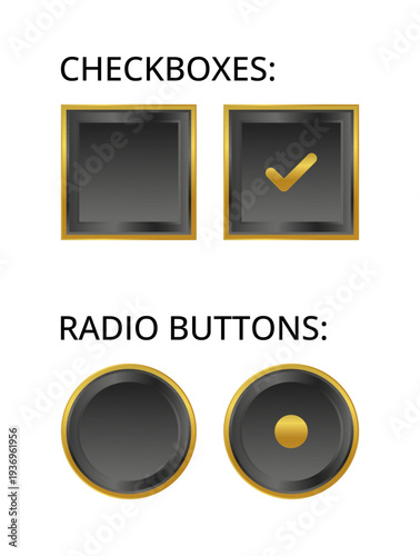 Set of checkboxes and radio buttons. Collection of checked and unchecked boxes, selected and unselected option buttons for forms, surveys and user interface design. UI elements for web and mobile apps