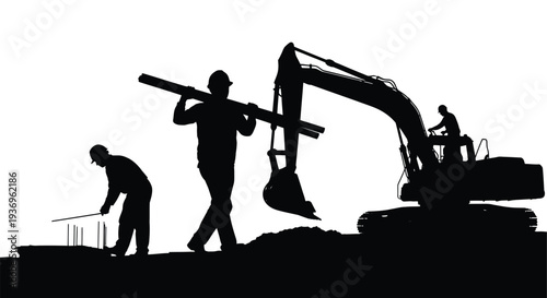 Construction workers operate heavy machinery and perform manual labor on a building site presented as a silhouette high quality