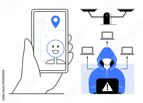 Cybersecurity, identity protection, data privacy, online threats, surveillance systems, hacking risks. A phone shows a smiling face and location, alongside a hooded hacker and electronic connections