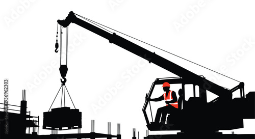 A striking black silhouette depicts a construction crane lifting materials near a building under development silhouette high quality professional