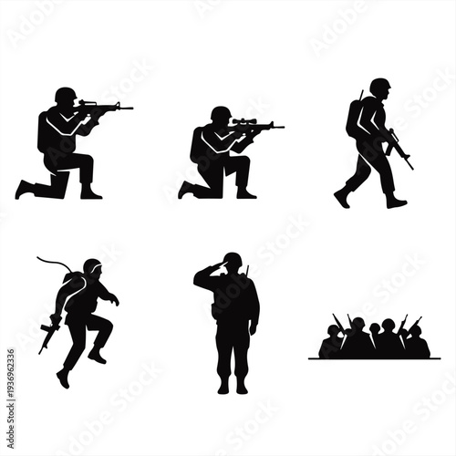A collection of military silhouettes depicting various combat and salute positions