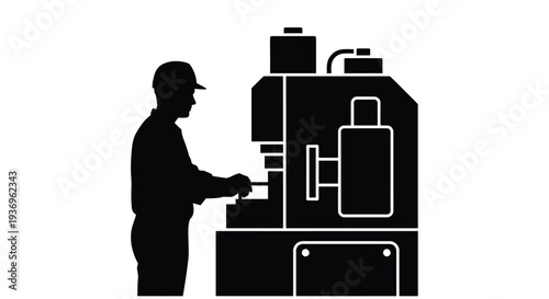 A worker stands beside a large industrial milling machine depicted in a stark graphic silhouette high quality professional detailed
