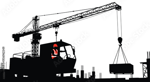 A striking black silhouette depicts a construction scene featuring a crane truck and worker illustrating industry and progress silhouette