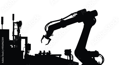 A stark black silhouette of an industrial robotic arm extending over factory machinery showcasing automation technology silhouette high quality