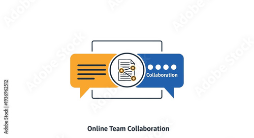 Online Team Collaboration: Symbolic representation of seamless online collaboration, two speech bubbles merging with a document representing project sharing.