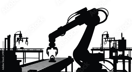 A stark black silhouette of an industrial robotic arm working amidst a complex factory background silhouette high quality professional