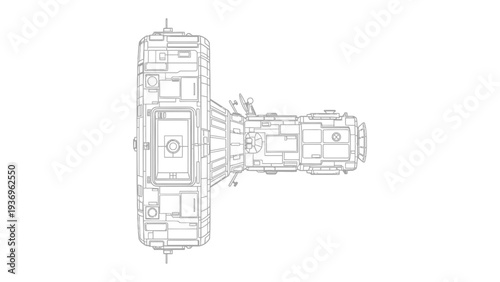 Space Station Blueprint: A detailed blueprint of a space station. Reveals the intricate design of the structure, highlighting various modules and docking ports.