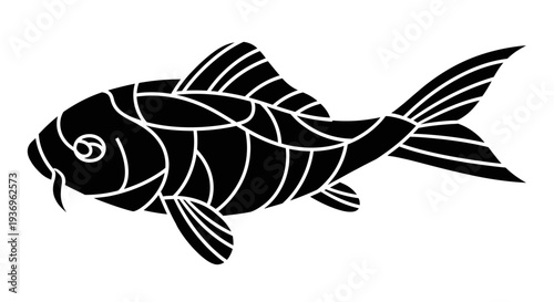 Stylized Black Koi Fish Silhouette, Japanese Art, Isolated on White