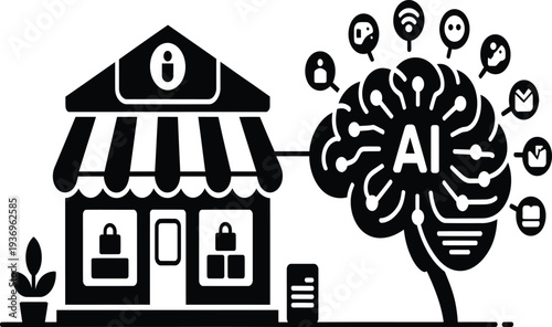 Black and white illustration of a storefront connected to a brain with ai surrounded by icons