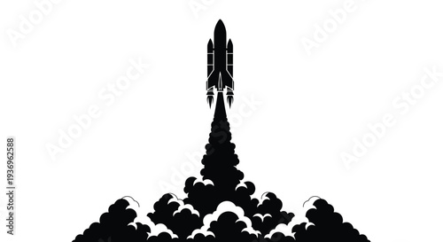A dramatic black silhouette of a space shuttle ascending with fiery exhaust trails against a pure white backdrop silhouette