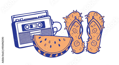 Vintage-style summer clip art featuring a 90s boombox cassette player, a slice of watermelon, and sand-covered flip flops. Two-tone blue and orange aesthetic designed for retro t-shirt prints