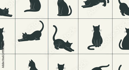 Seamless pattern of dark cat silhouettes in various playful poses on a light background.