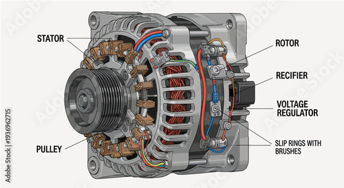 Detailed labeled diagram of a car alternator's internal components.