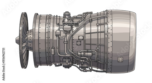Detailed illustration of a jet aircraft engine on a white background.