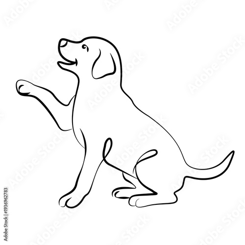 Linear image of a cheerful puppy. The dog jumps while standing on its hind legs. Stylized image of a happy doggy drawn with lines. A dog is a friend to humans