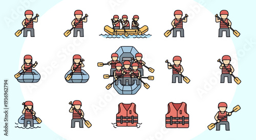 Rafting icons: people paddling and life jackets
